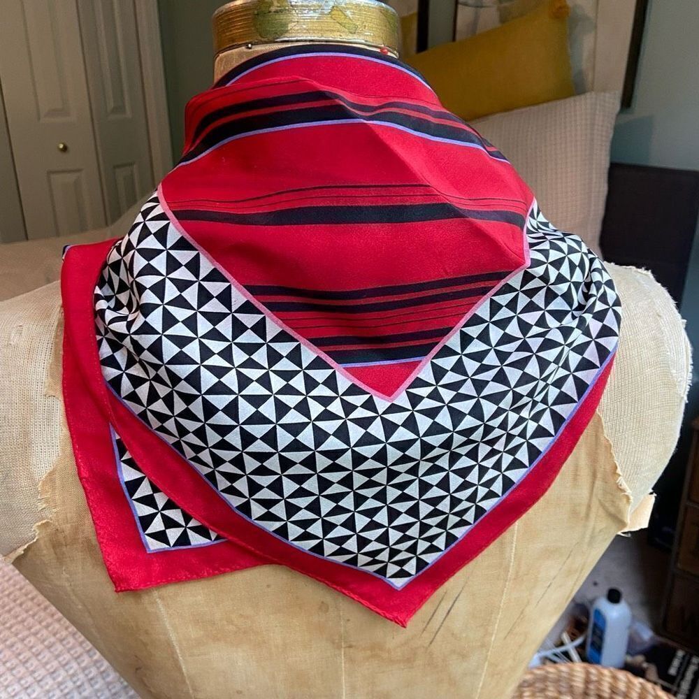 Vintage Anne Klein Extra Large Silk Scarf Red, Black, & White Geometric Houndsto